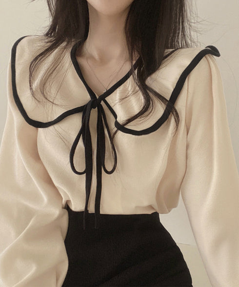 ビッグ襟ブラウス リボンタイブラウス長袖 レディース バイカラーシャツブラウス フレンチガーリー 大きめ襟トップス ゆったり韓国ファッション  着やせ 体型カバー 84WANJIA-022